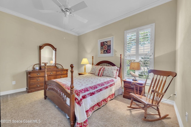 bedroom featuring light carpet, a ceiling fan, baseboards, and ornamental molding