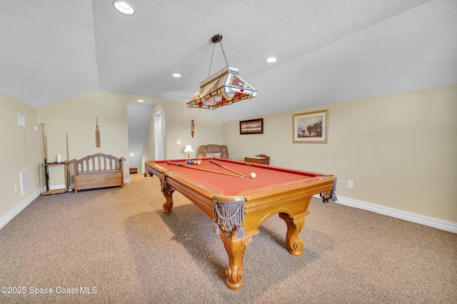 recreation room featuring baseboards, lofted ceiling, recessed lighting, a textured ceiling, and light colored carpet