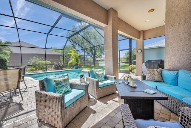 view of patio with an outdoor pool, grilling area, an outdoor hangout area, and a lanai