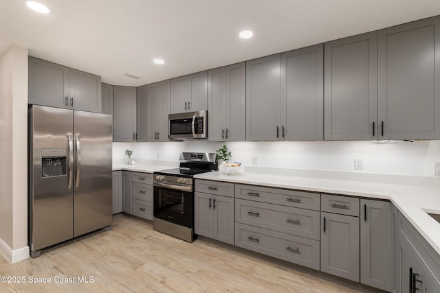 kitchen featuring light wood-type flooring, gray cabinets, recessed lighting, stainless steel appliances, and light countertops