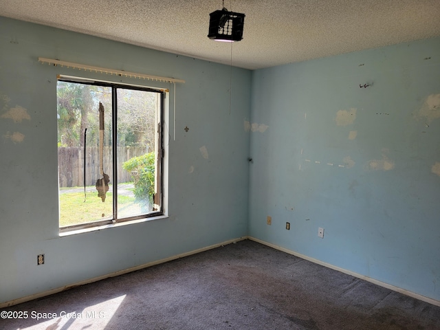 unfurnished room with plenty of natural light, a textured ceiling, and carpet flooring