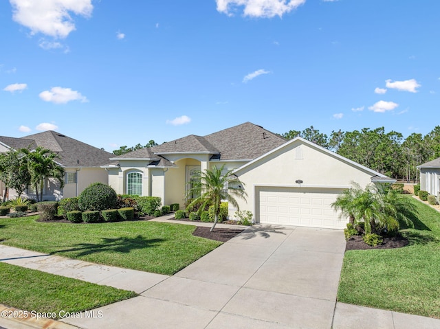 view of front facade with a front lawn, concrete driveway, roof with shingles, stucco siding, and an attached garage