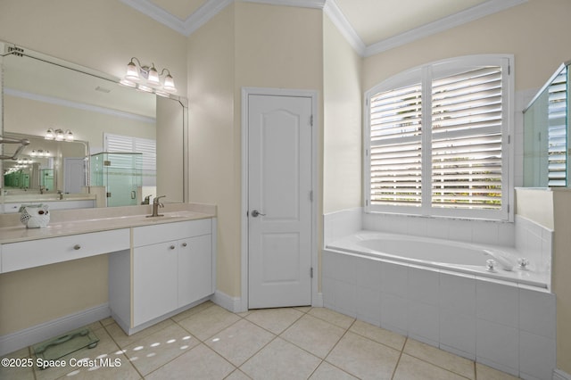 bathroom featuring tile patterned floors, plenty of natural light, and ornamental molding