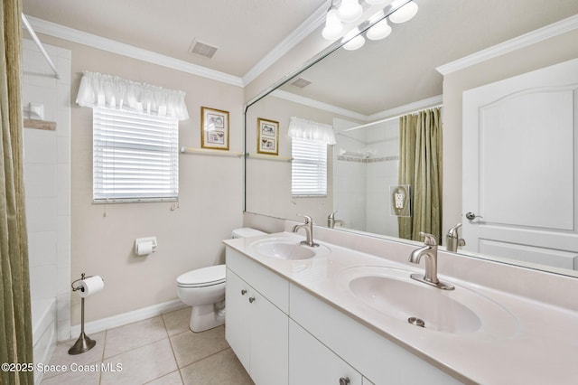 full bathroom featuring tile patterned flooring, crown molding, visible vents, and a sink