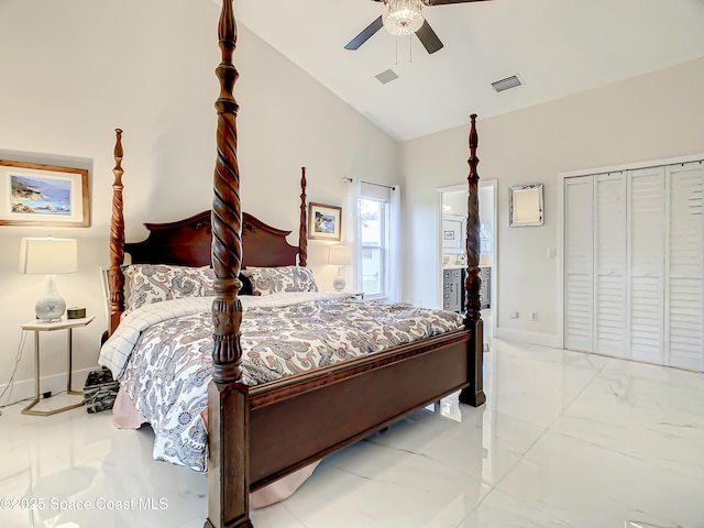 bedroom featuring visible vents, lofted ceiling, baseboards, and ceiling fan