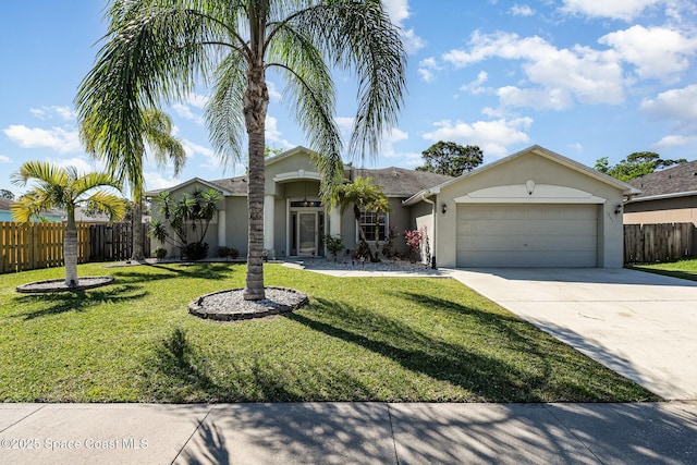 view of front facade with stucco siding, driveway, fence, a front yard, and an attached garage