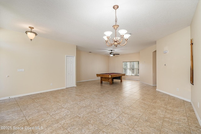 game room featuring a chandelier, a textured ceiling, billiards, and baseboards