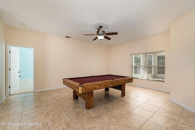 game room featuring visible vents, a ceiling fan, a textured ceiling, pool table, and baseboards