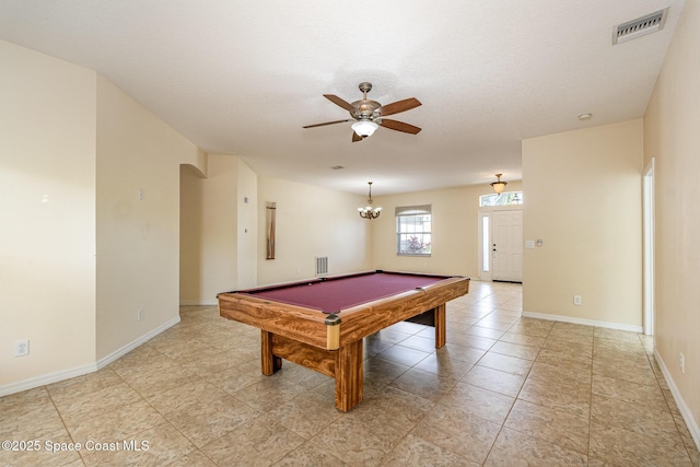 rec room featuring visible vents, a ceiling fan, billiards, and baseboards