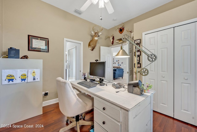 office area with dark wood finished floors, visible vents, a ceiling fan, and baseboards