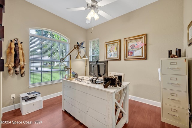 home office with a healthy amount of sunlight, dark wood-style flooring, and baseboards