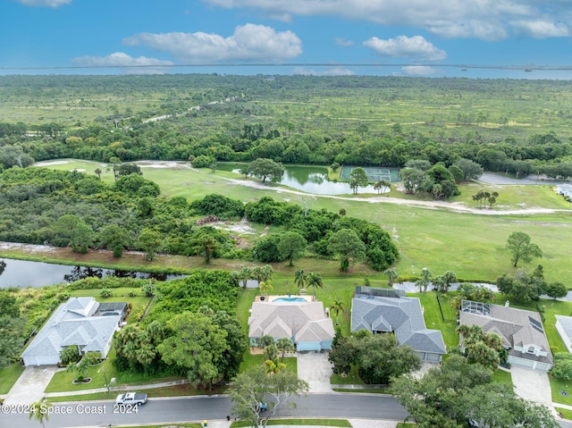 bird's eye view featuring a forest view and a water view