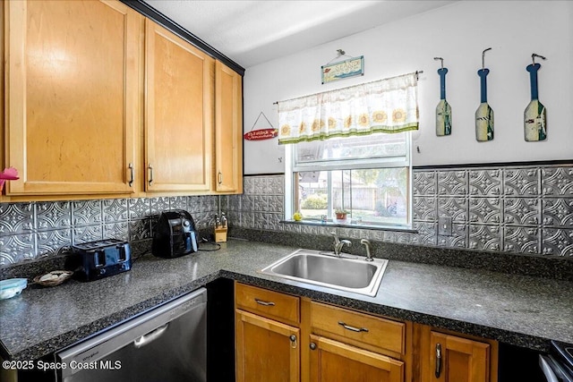 489 Seacrest Ave, Merritt Island, FL 32952 - kitchen with a sink, dark countertops, backsplash, and dishwasher