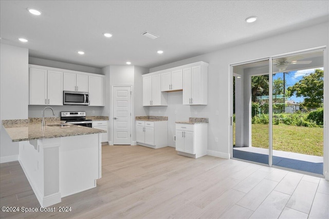 kitchen with a sink, light stone countertops, appliances with stainless steel finishes, and a peninsula