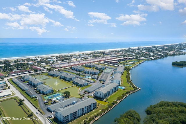 aerial view featuring a water view