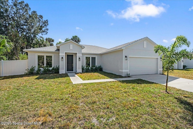 1611 Glendon Dr NE, Melbourne, FL 32901 - ranch-style house with a garage, a front yard, stucco siding, and fence