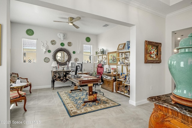 office with crown molding, plenty of natural light, baseboards, and ceiling fan