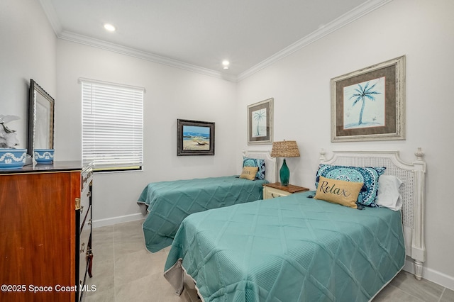 bedroom with crown molding, light tile patterned flooring, and baseboards