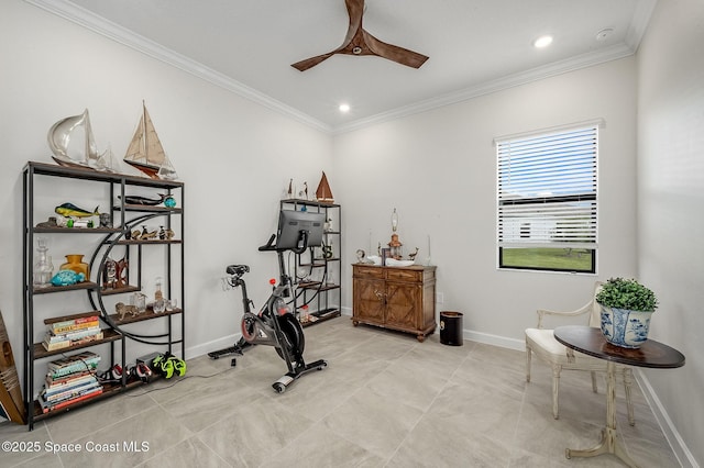 workout area with crown molding, recessed lighting, a ceiling fan, and baseboards