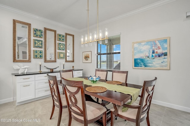 dining space featuring light tile patterned floors, baseboards, a notable chandelier, and ornamental molding