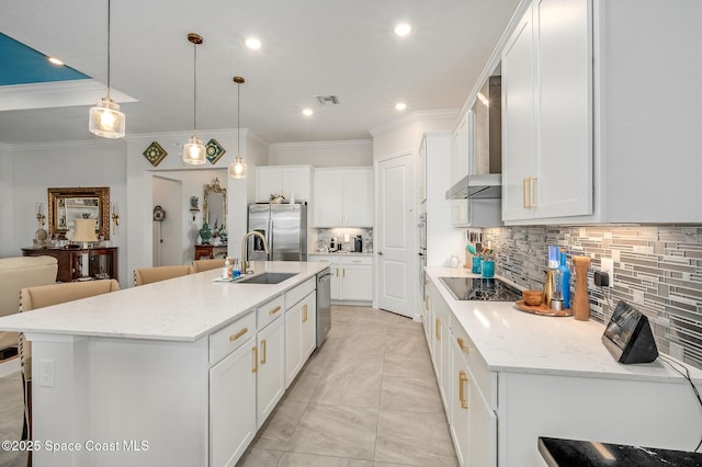 kitchen featuring tasteful backsplash, crown molding, wall chimney range hood, white cabinets, and stainless steel appliances