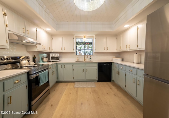 kitchen with a raised ceiling, under cabinet range hood, appliances with stainless steel finishes, and a sink