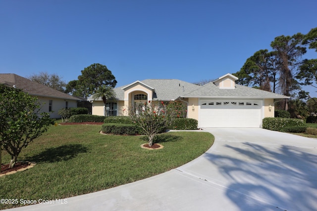 ranch-style home featuring stucco siding, a front lawn, driveway, roof with shingles, and an attached garage