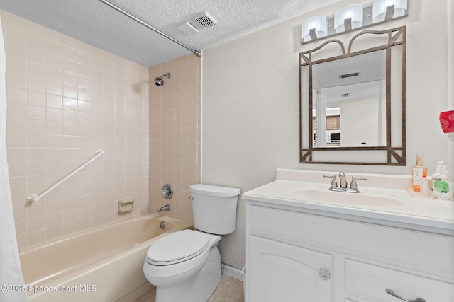 full bath featuring visible vents, toilet, a textured ceiling,  shower combination, and vanity