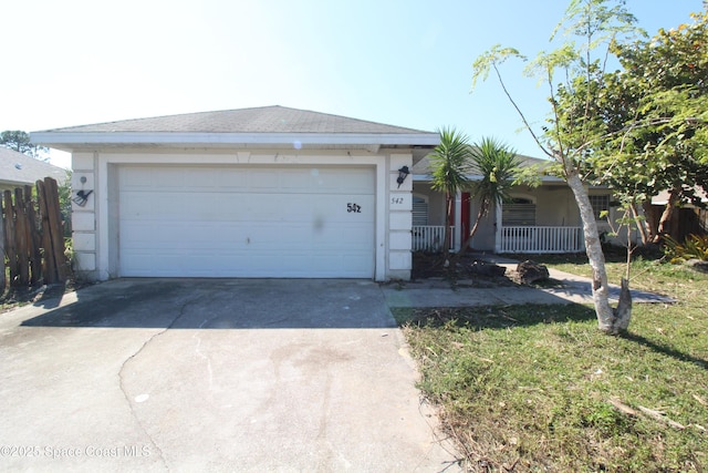 single story home featuring fence, covered porch, stucco siding, a garage, and driveway