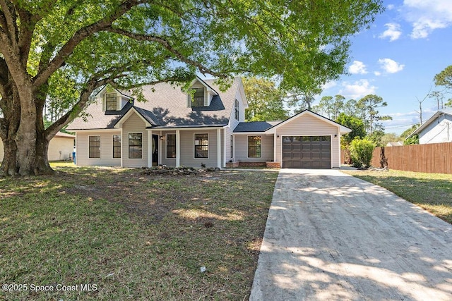 cape cod house featuring driveway, roof with shingles, a garage, and fence