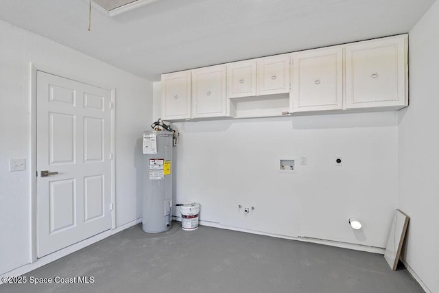 clothes washing area featuring washer hookup, cabinet space, water heater, and electric dryer hookup