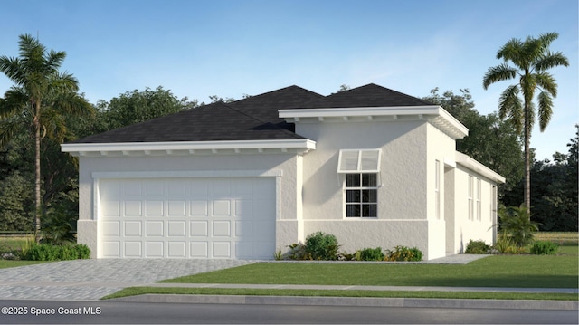 view of front facade with a front yard, roof with shingles, stucco siding, decorative driveway, and a garage