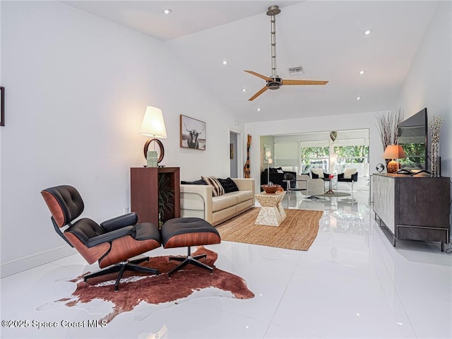 tiled living area featuring visible vents, recessed lighting, high vaulted ceiling, and a ceiling fan