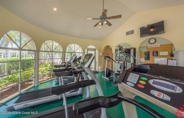 workout area with visible vents, plenty of natural light, high vaulted ceiling, and a ceiling fan