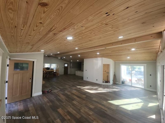 interior space with recessed lighting, wood ceiling, dark wood-type flooring, and vaulted ceiling