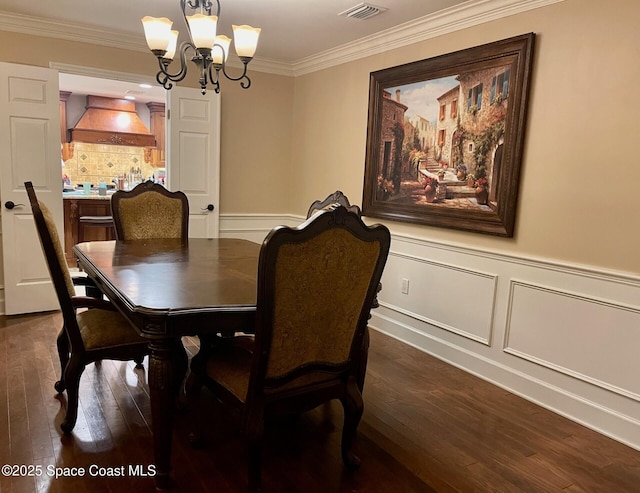 dining room featuring a wainscoted wall, dark wood-type flooring, visible vents, and ornamental molding