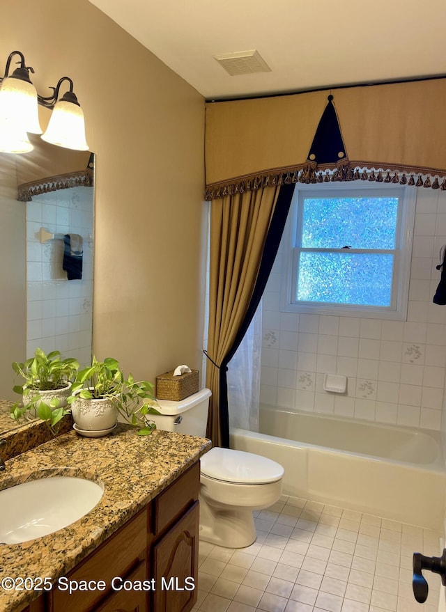 bathroom featuring visible vents, shower / bathtub combination with curtain, toilet, tile patterned flooring, and vanity