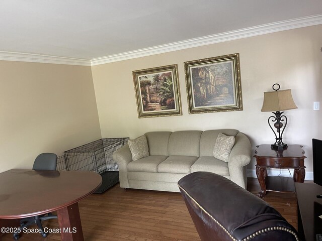 living area featuring wood finished floors and ornamental molding