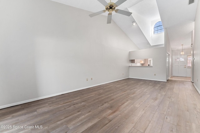 unfurnished living room featuring visible vents, high vaulted ceiling, wood finished floors, baseboards, and ceiling fan