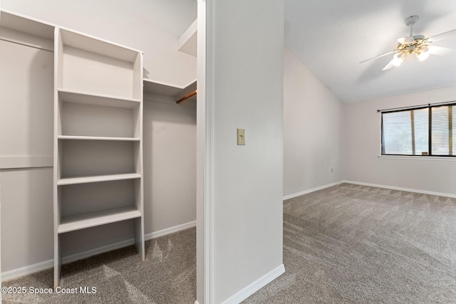 spacious closet featuring vaulted ceiling, carpet flooring, and a ceiling fan