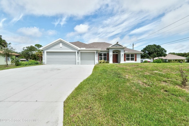 ranch-style house featuring stucco siding, an attached garage, concrete driveway, and a front lawn