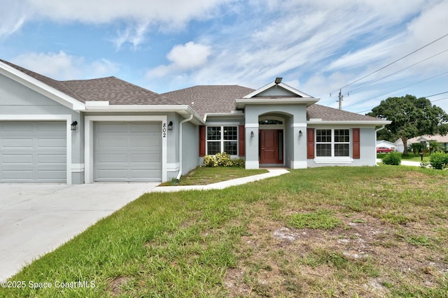 ranch-style house with stucco siding, driveway, a front lawn, roof with shingles, and an attached garage