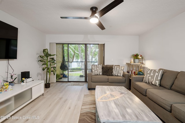 living area with light wood finished floors, a textured ceiling, and a ceiling fan