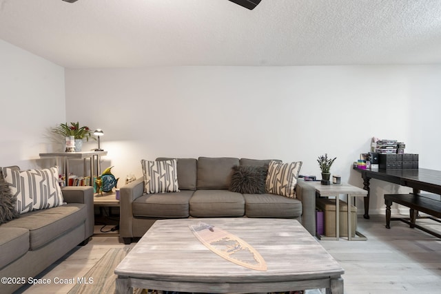 living room featuring light wood-style flooring and a textured ceiling