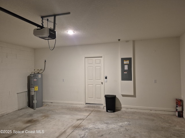 garage featuring concrete block wall, baseboards, electric panel, water heater, and a garage door opener