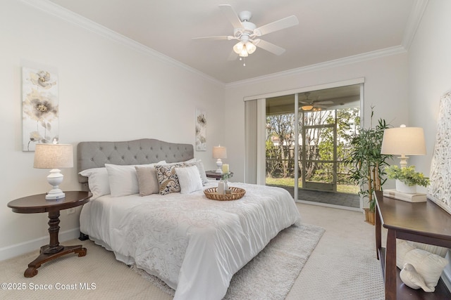 bedroom featuring ornamental molding, a ceiling fan, access to outside, baseboards, and light colored carpet