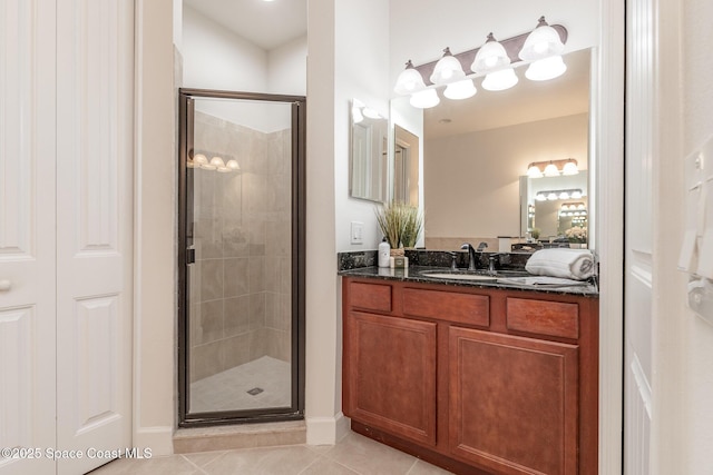 bathroom with tile patterned flooring, a stall shower, and vanity