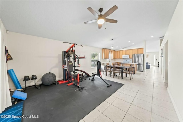 workout room featuring recessed lighting, baseboards, lofted ceiling, and ceiling fan