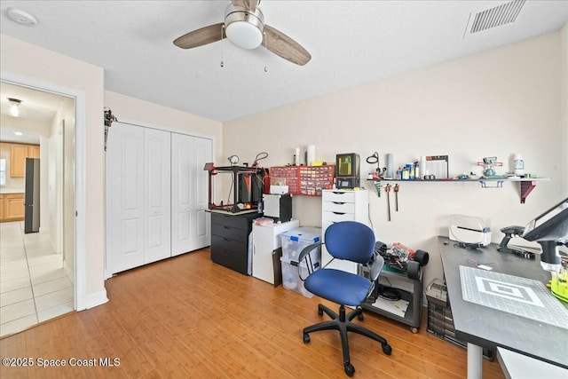 office area featuring a ceiling fan, light wood-style floors, and visible vents