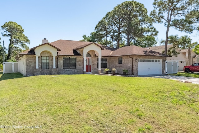 single story home with brick siding, a chimney, a front lawn, and fence